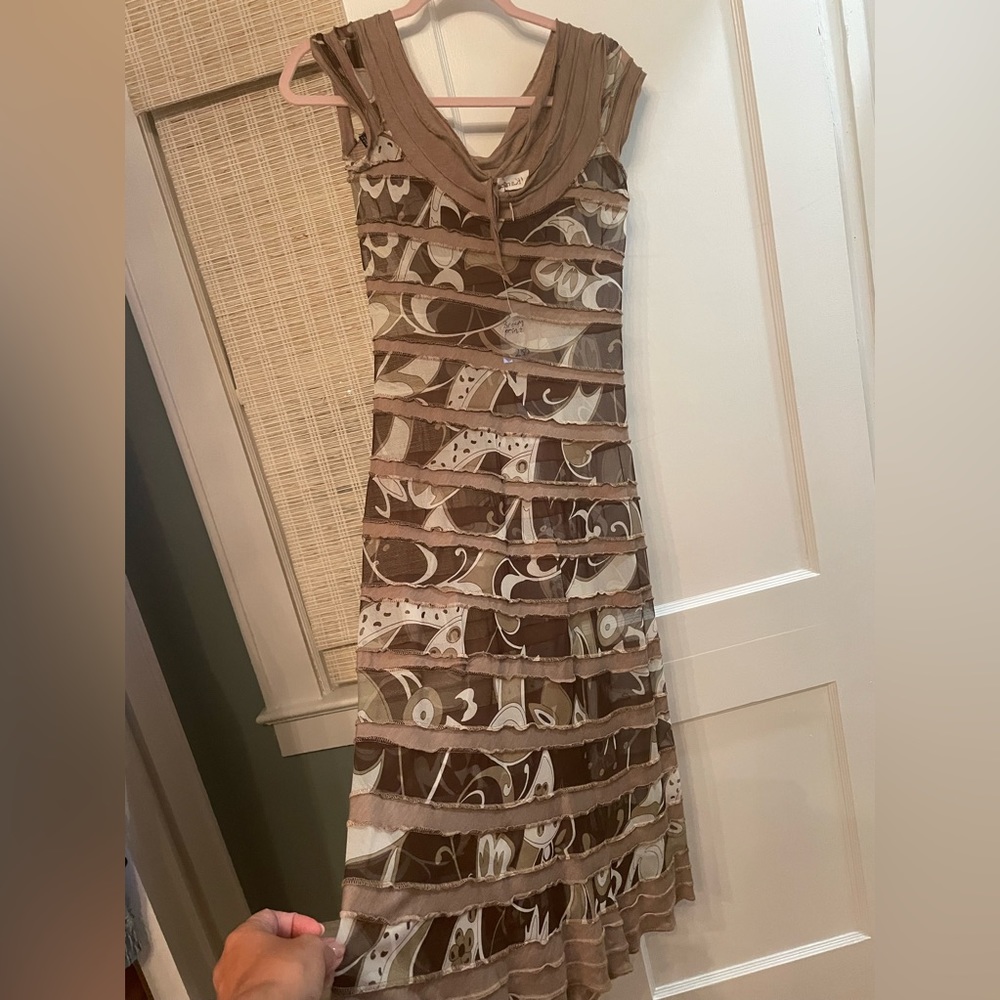 SelmaKaraca boutique sheer midi a-line dress brown/cream sheer pattern